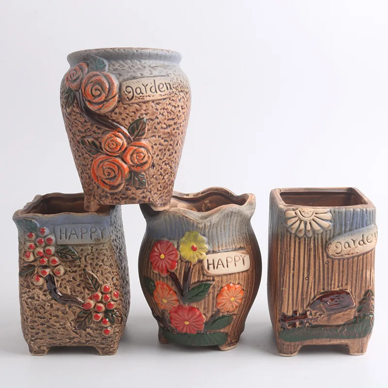 For Juicy Vintage style  hand-painted dropshipping Glaze Ceramic Flower Pots Small Bonsai Mini Succulent Plant Pot