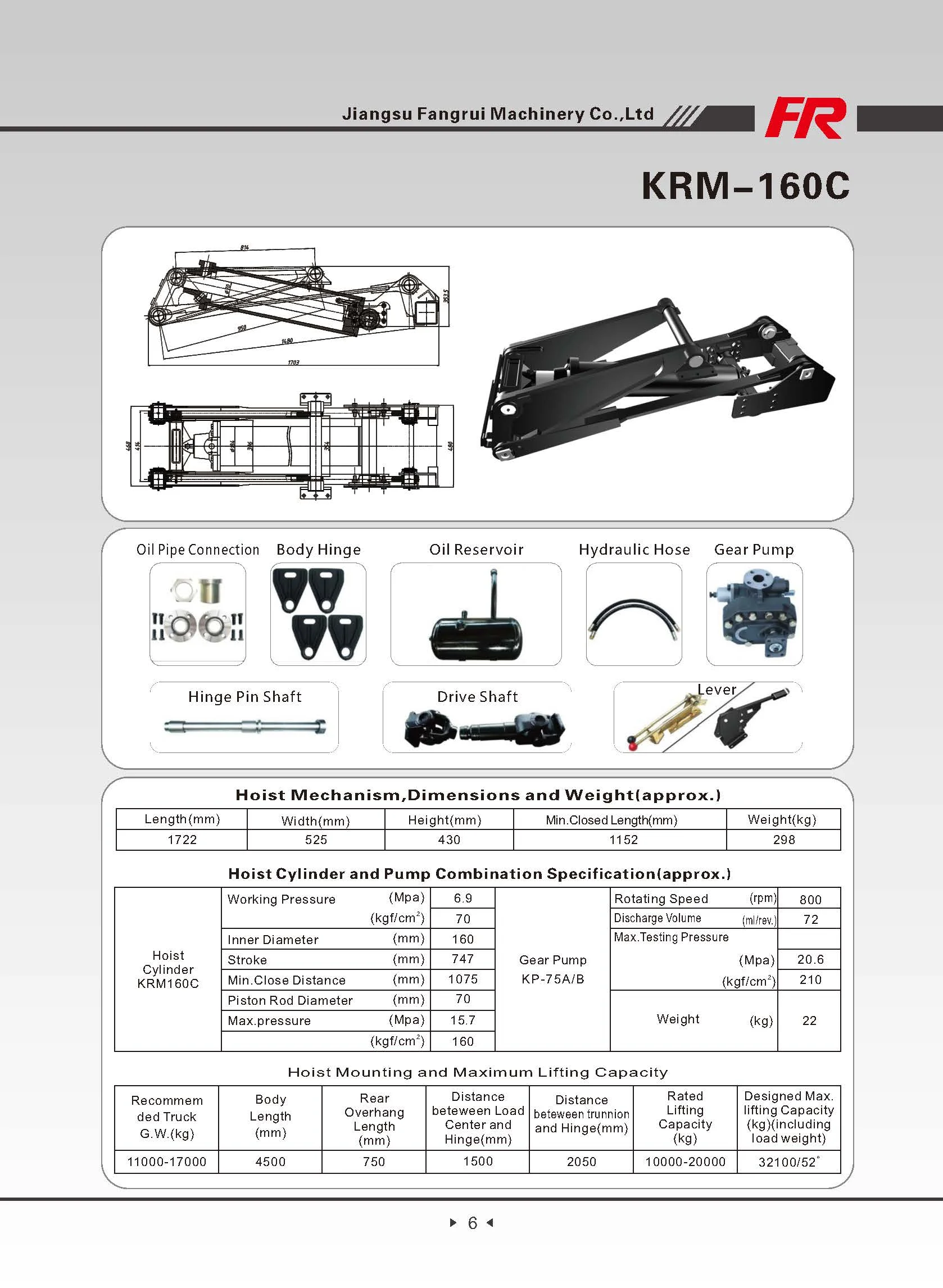 9-14 tons KRM160C dump truck hydraulic telescopic system dump hoist