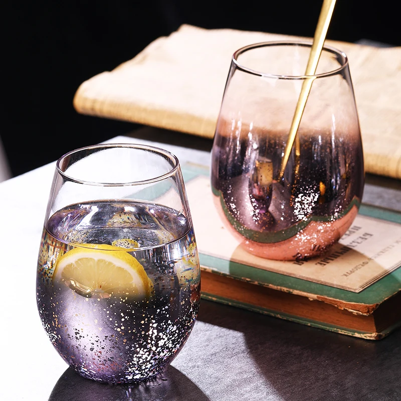 Creative Glass Drinking Cup Electroplating starry sky Stemless Wine Glass colorful  Water Glasses wholesale