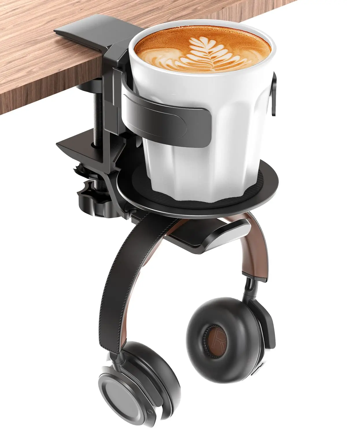 Under Table Headphone Holder Mechanical Telescoping Anti-Spill Cup-Holster 360 Rotation Hanger Stand Hook with Cable Organizer