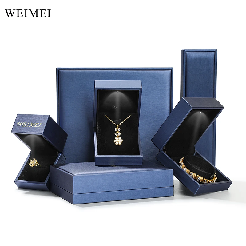 WeiMei high-end custom blue pu leather light jewelry set packaging box with led ring necklace pendant packaging & display
