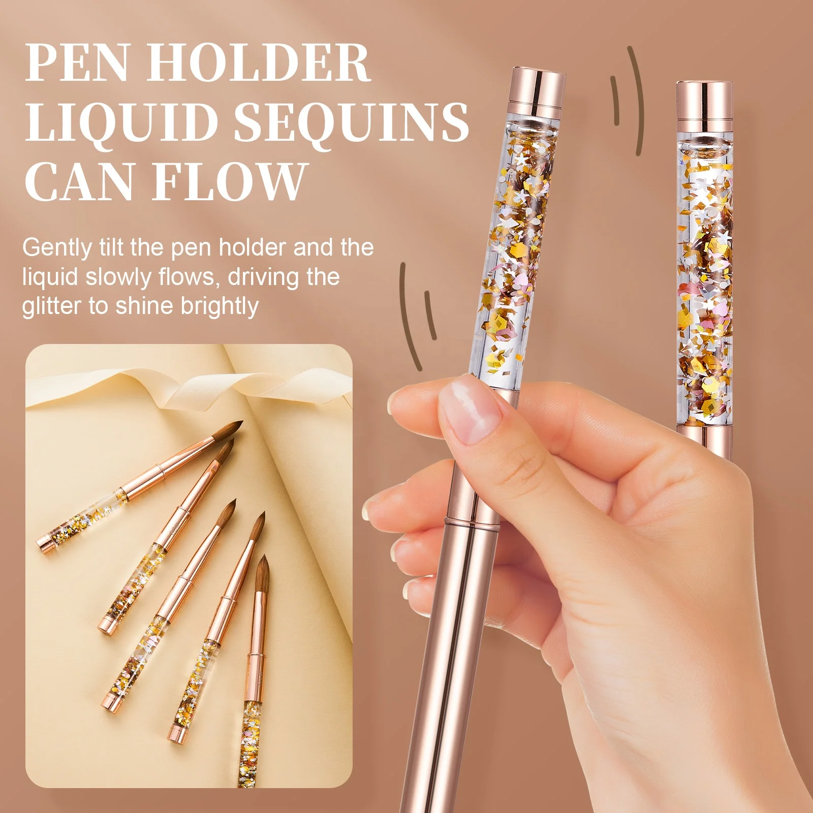 Kolinsky Nail Brushes Gold glitter Metal Handle Nail Art Manicure Tool For Acrylic Application Crimped Acrylic Brush For Nails