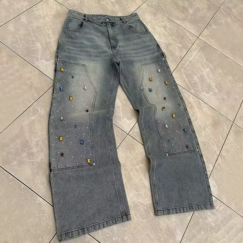 Model Fashion Custom Rhinestone Jeans Pants Streetwear Baggy Wide Leg Diamond Denim Jeans Men with Gems