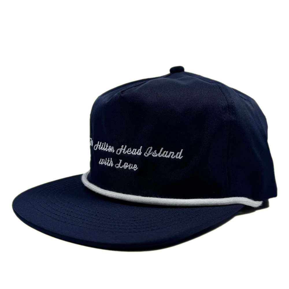 High quality polyester navy 5 panel unstructured rope hat Custom embroidered flat bill vintage snapback sports caps for men