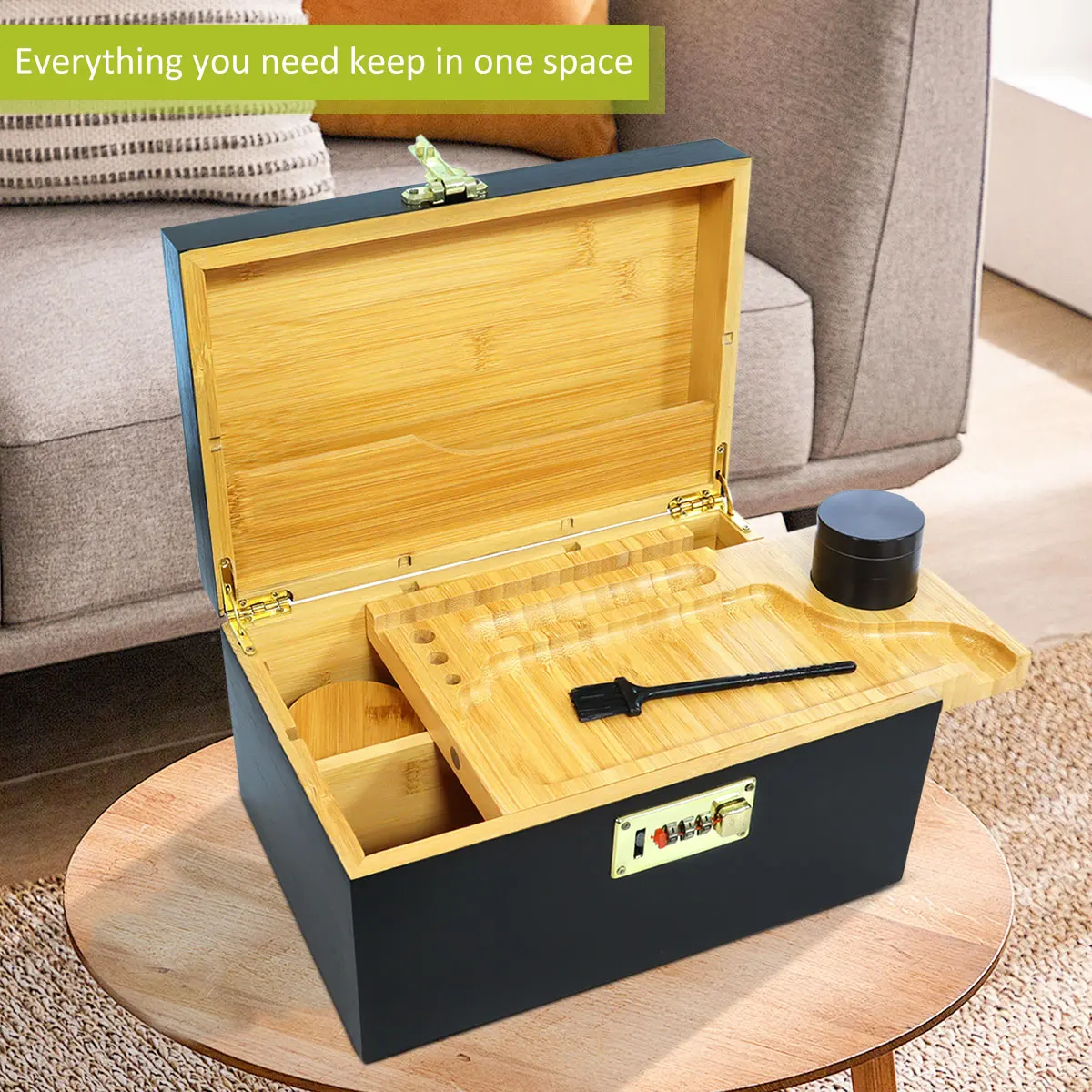 black large odor proof rectangular locking compartment walnut wooden bamboo herb money storage stash box with rolling tray lid