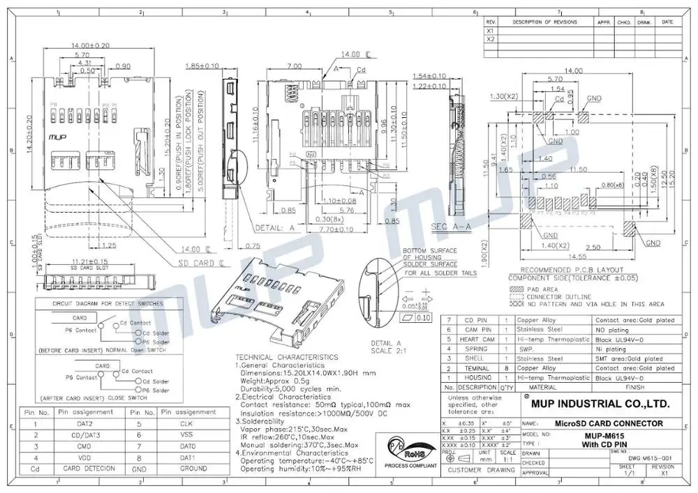 MUP-M615  8PIN TF card Push push Type memory TF card reader connector used for mobile phones