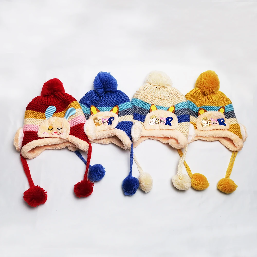 Ear Muffs Winter Baby Hat Best Sale Child Kids Fleece Bonnet Thick Cotton Yarn Knitted  Beanie Hats Pom Pom Woolen Caps