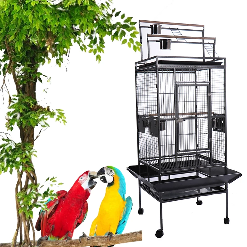 YOELLEN wholesale 68 inches luxury big space black metal iron 4 wheels parrot canary macaw budgie pet bird cage for sale