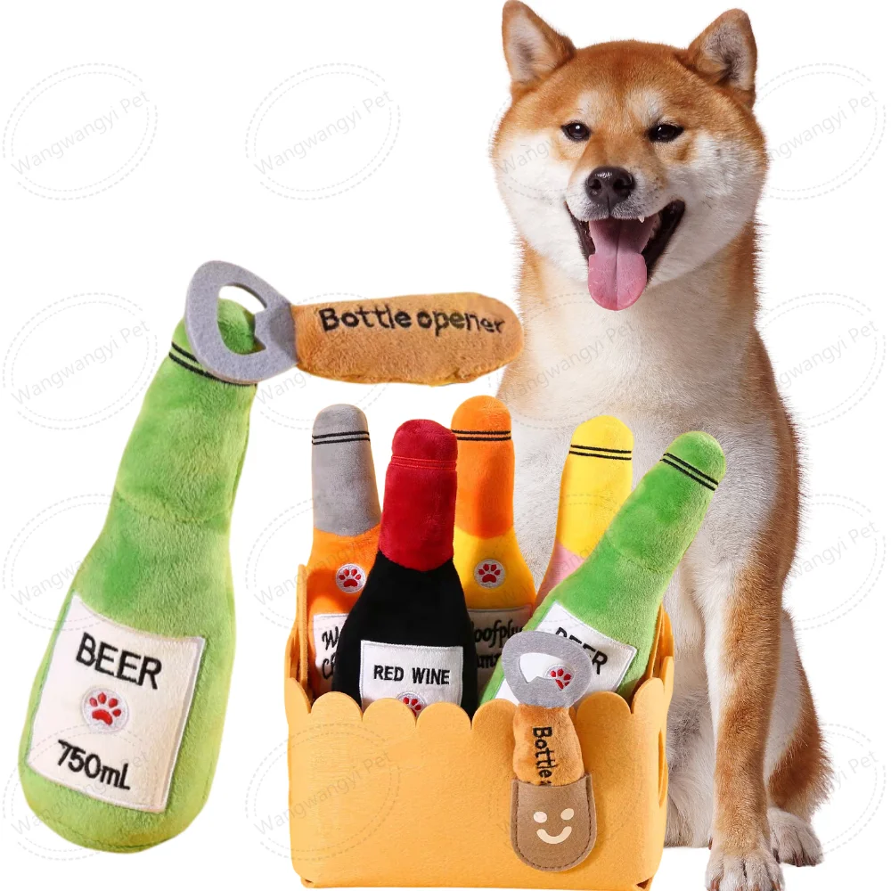 7 Pack Wine Bottle Dog Plush Toy Kit Champagne Dog Toys with Storage Basket