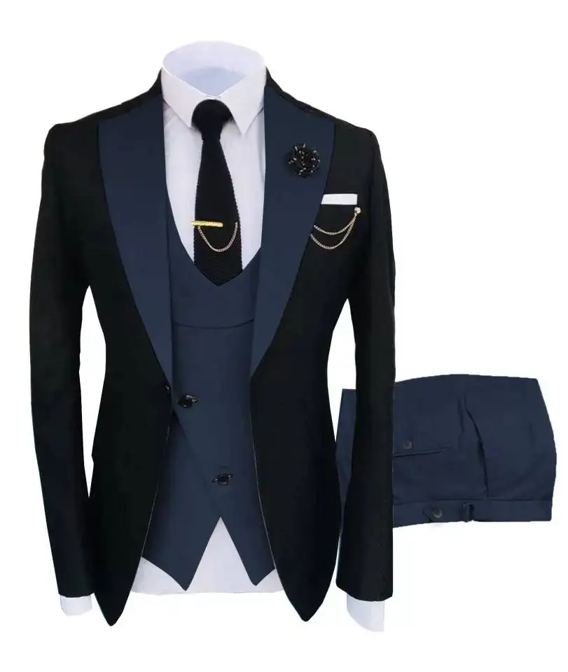 OEM Navy Costume Tuxedos Men Suits Peaked Lapel Wedding Prom Slim Fit Blazer 3 Pcs (Jacket+Pants+Vest)