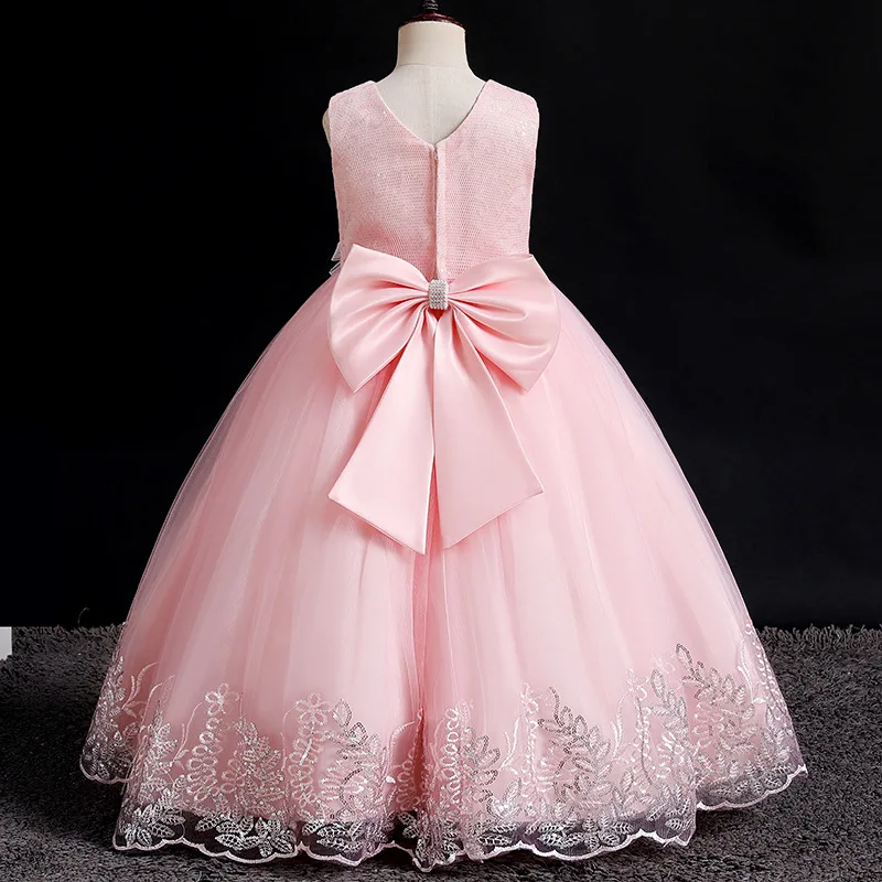 New Wedding Flower Girls Dress for Kids Lace Embroidered Bow Princess Dress Children Birthday Party Ball Gown