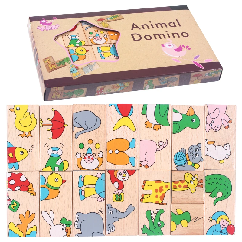 High quality Factory direct wooden animal dominos coloring eco-friendly wooden blocks educational games for kids