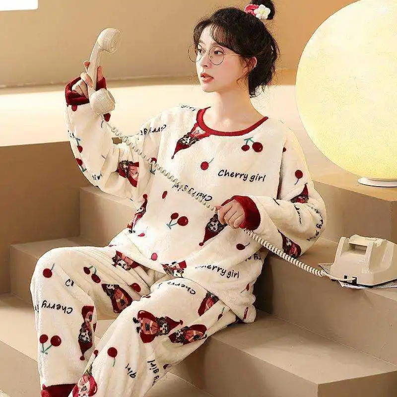 Supplier Winter Pajamas Women Set Classic Flannel Warm Home Clothes Simple Style Pullover Round Neck Pajamas