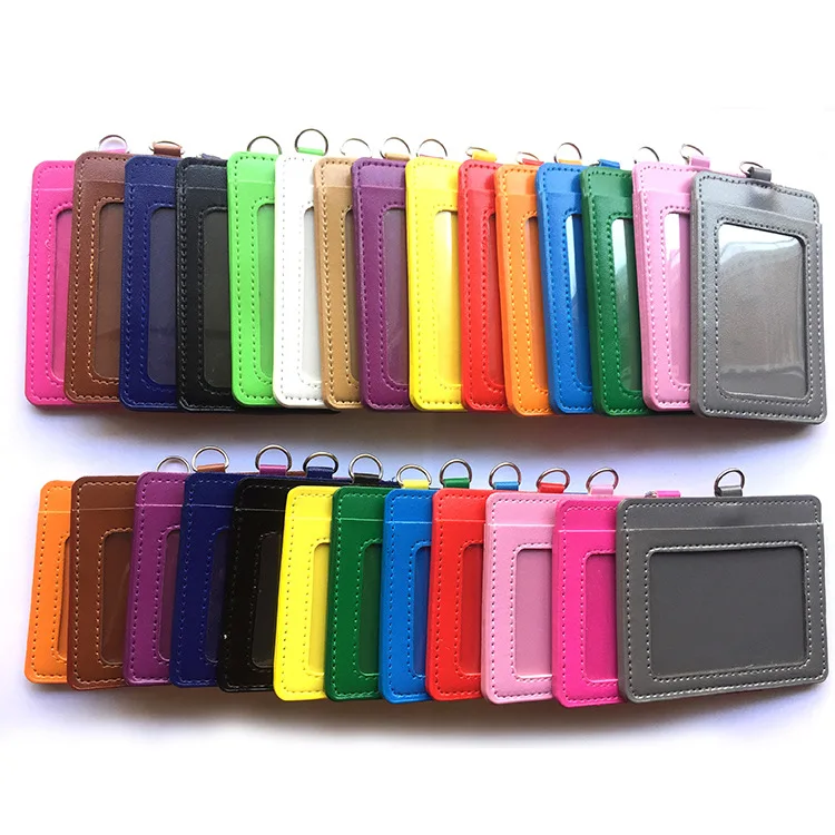 Promotional wholesale vertical removable with 2 credit card slots pu leather Id badge card holder