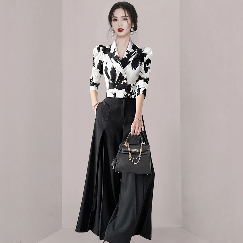 Droma America and European style clothing elegant suits slim print suit jacket high waist fashion wide leg trouser suit