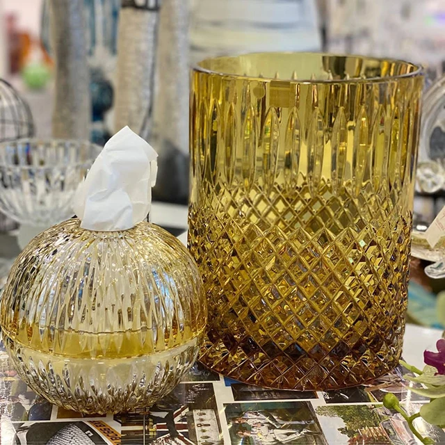 Vintage New Design Products Home Decor Hotel Decorations Glass Crystal Paper Dustbin And Tissue Box Set