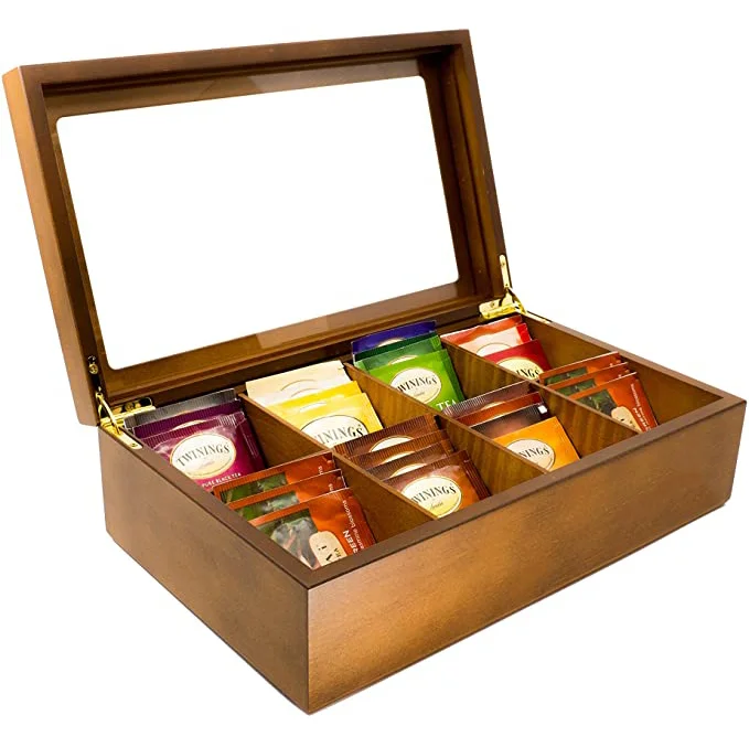 Tea Packing Box Tea Container Wood Tea Storage Box MDF Wooden Wholesale Custom Brown Matte Paint 8 Compartment CE Recyclable