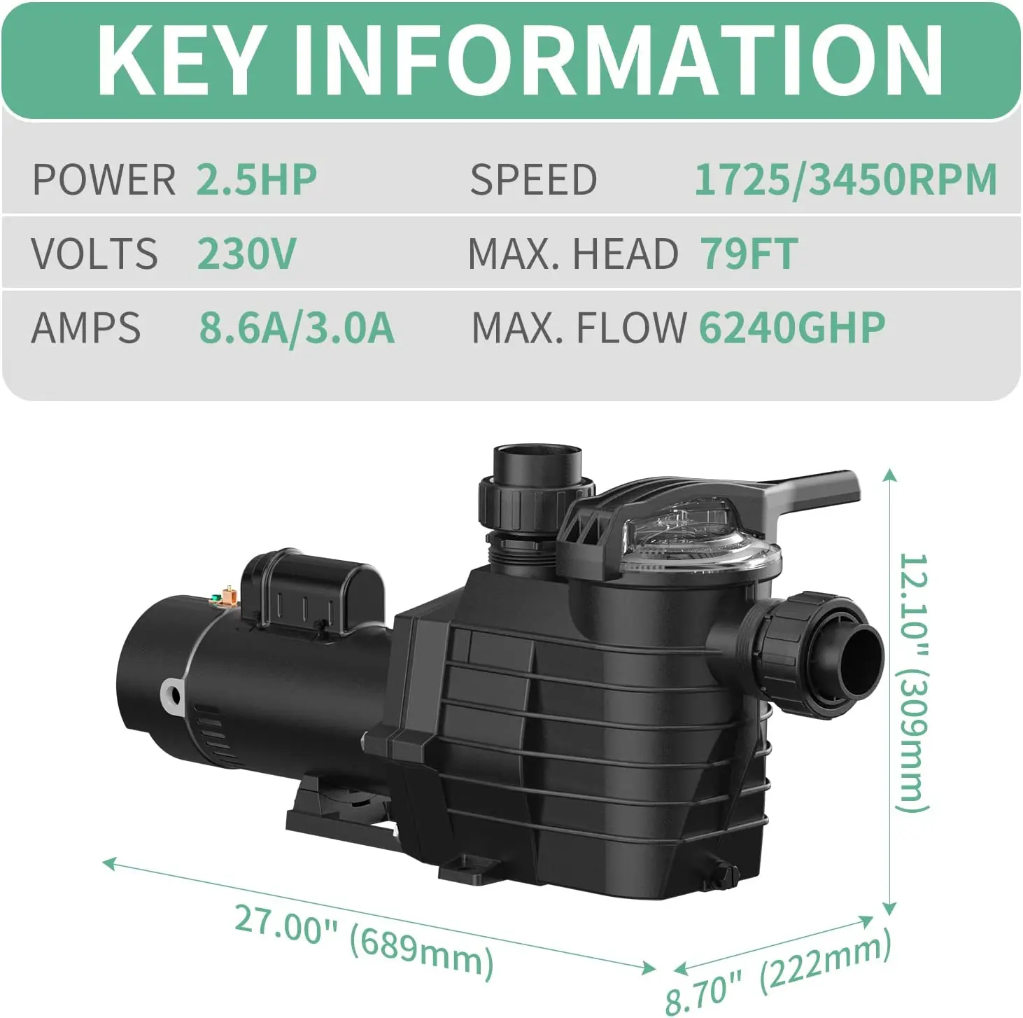 J20007E 2.5HP 6240GPH Pool Pumps Above Ground and Inground, 1725RPM/3450RPM Variable 2-Speed Swimming Pool Pumps