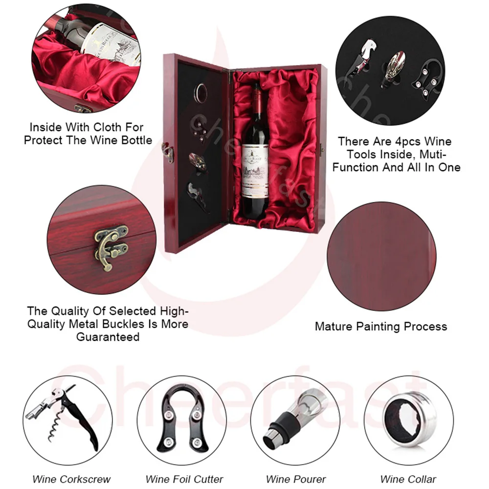 Good Idea Red Wine Double Wood Box Storage Carrying Case And 4pcs Tools Combo Set With Accessories Wine Bottle Wooden Gift Box