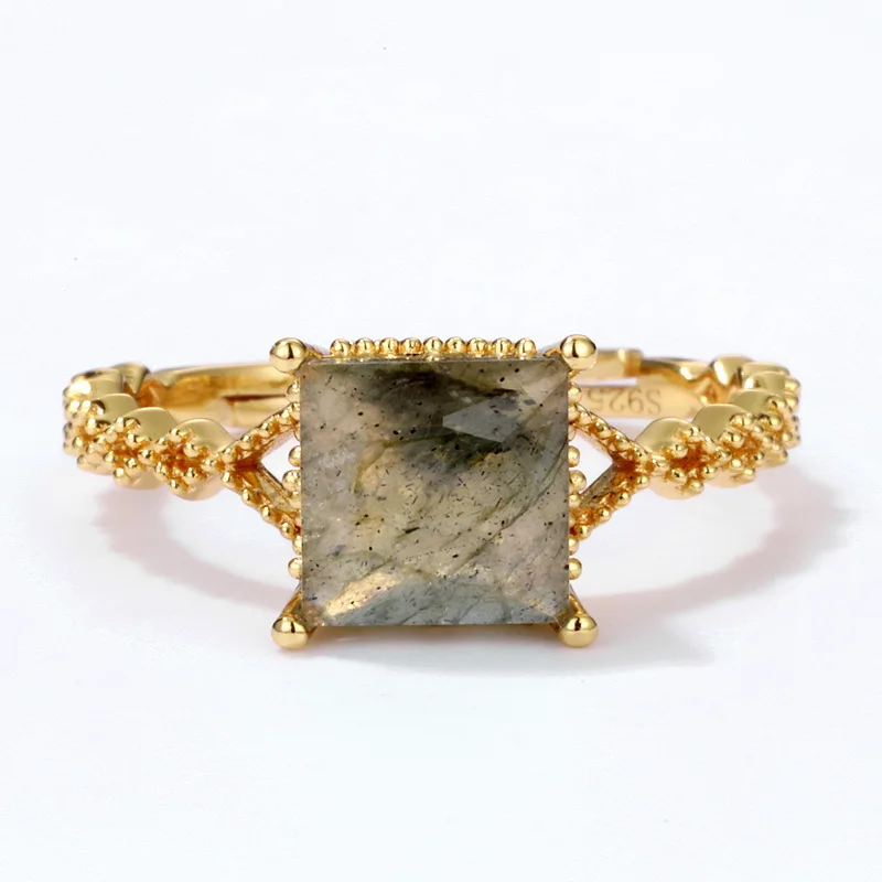 High Quality Square Stone 925 Sterling Silver Ring Labradorite Gold-plated Wedding Ring For Women