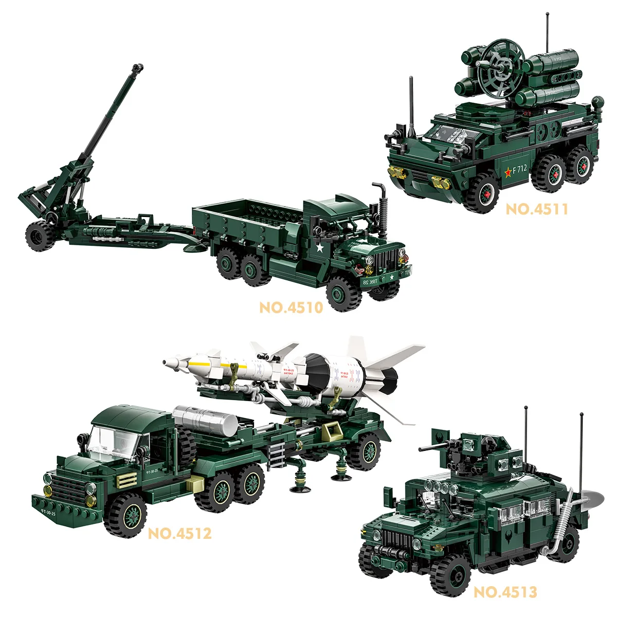 4510-4513 Truck Howitzer Missile Vehicle Hummer Car WWII Military Series MOC Bricks Model Assemble Building Block Toy Set Unisex