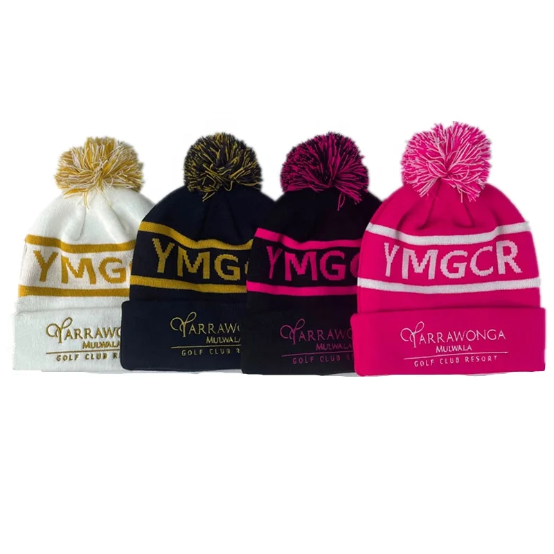 Custom Logo Jacquard Pom Pom Winter Knitted Beanie Hat,Cuffed Beanie Cap With Pom