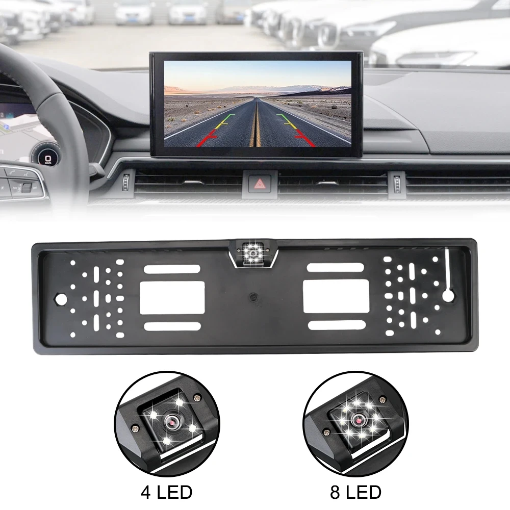 12V Car Rear View Camera 4 8 LED Parking Sensor Parktronic With European License Plate Holder Frame Universal Auto Accessories