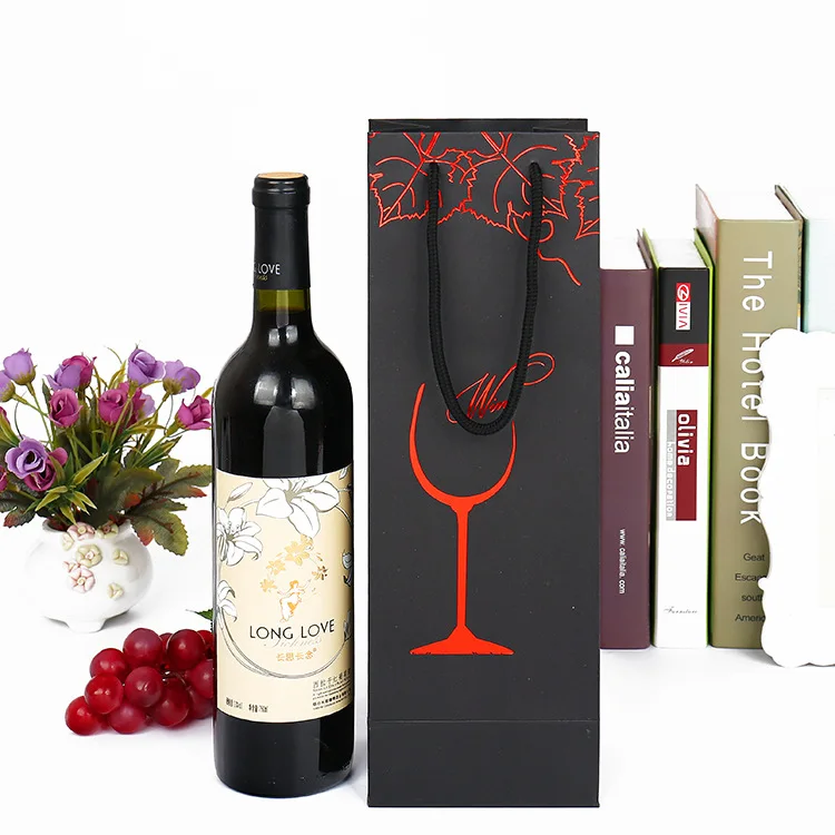 Hot Stamping Gold Silver Foil Gift Bags Black Paper Grape Leaves Glass Pattern Thickened Strong Single Wine Bottle Packaging Bag