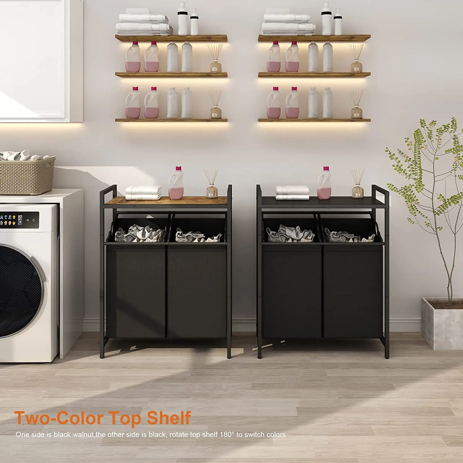 Double Laundry Hamper with Top Shelf, Two-Color Tall Laundry Basket with 2 Removable Laundry Sorter Bags