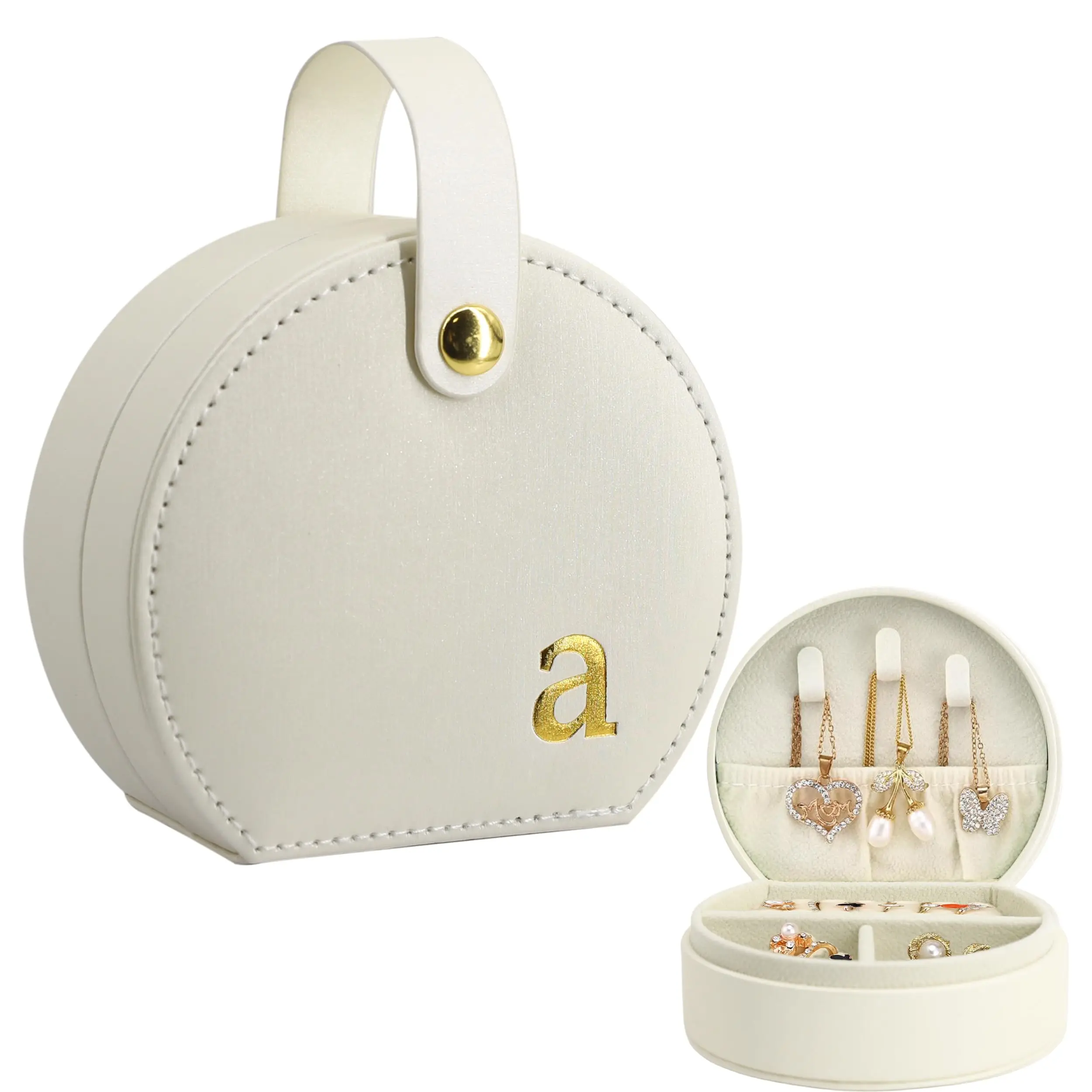 Detachable Handle Trinket Organizer leather travel portable mini Half round jewelry box for Ring Necklace Bracelet Earrings