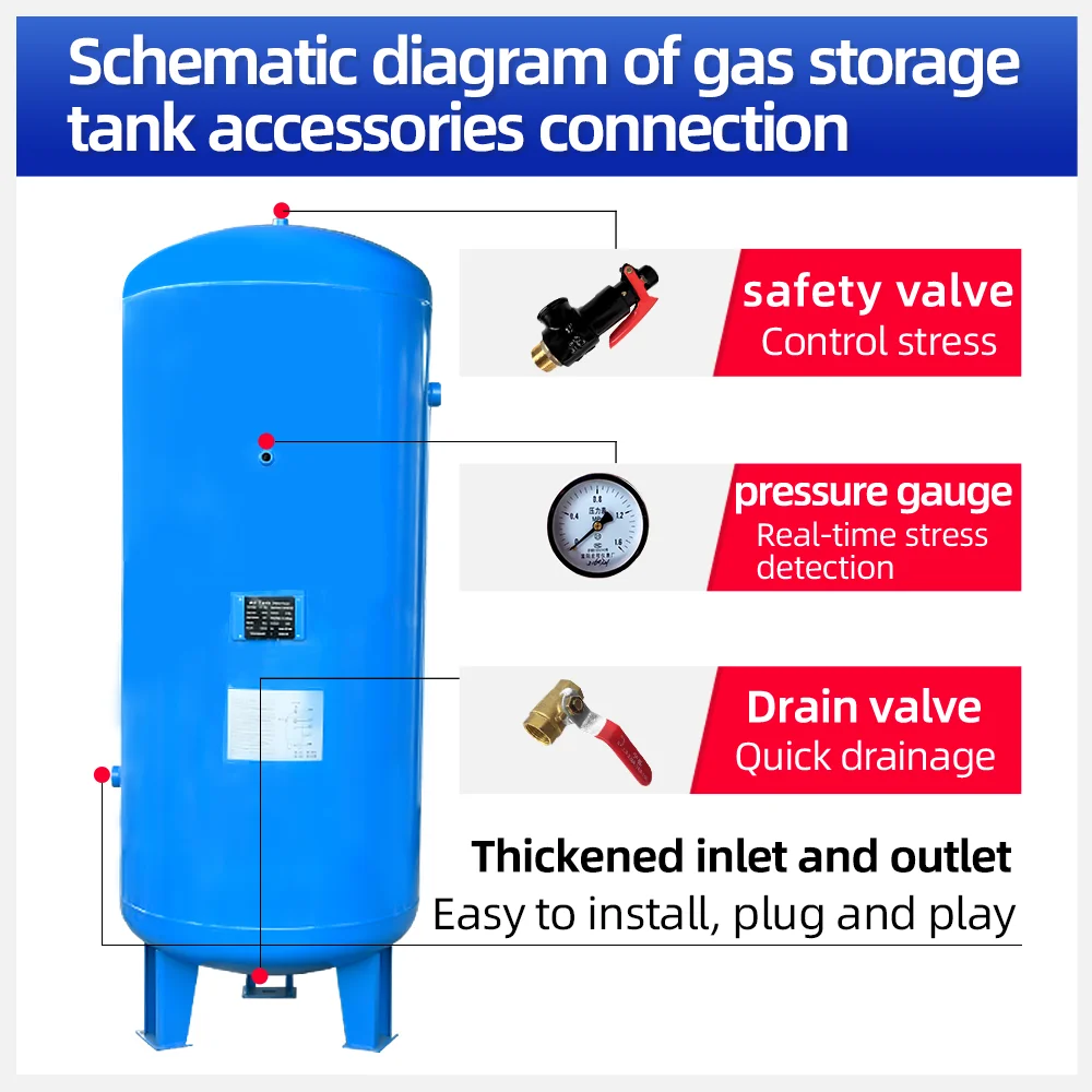 ASME 1000L 0.8/1.0/1.3MPa 8/10/13bar Screw Flange Connecting Vertical Air compressor Tank for Cement Plant