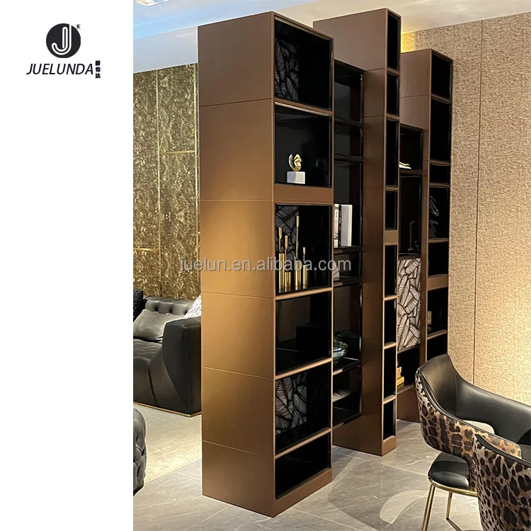 Modern High Quality Black Pearl Wooden Veneer Copper Gold Shelving Units Storage Shelves Units Leather Upholstered Book Shelf