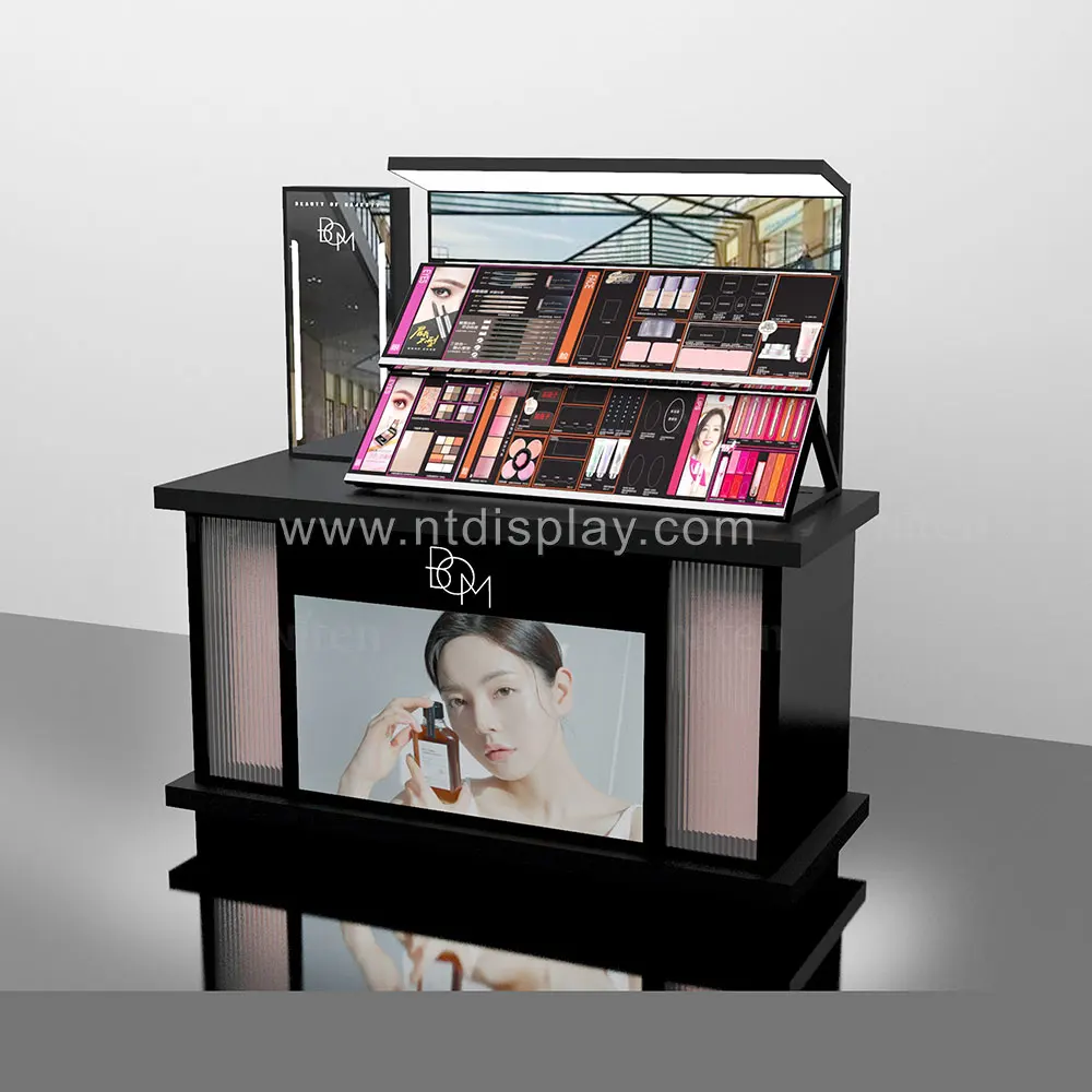 Custom logo bespoke wooden wood mdf high end make up makeup beauty product shop store floor display shelves stand with led light