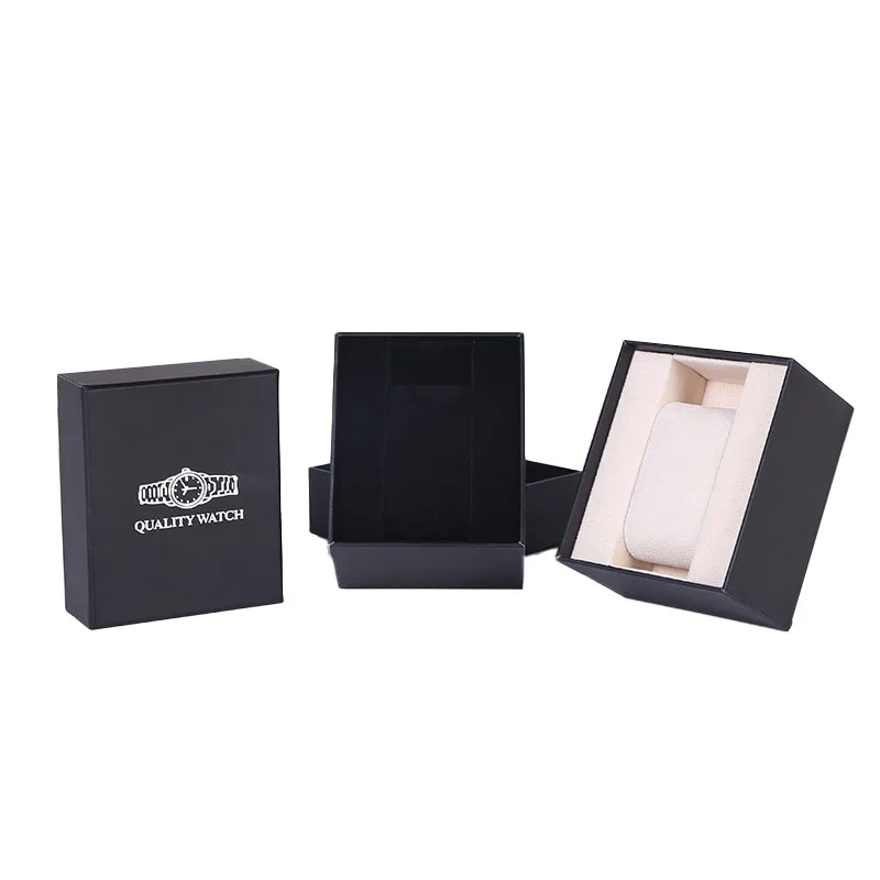 Cheaper Black  Paper Cardboard Watches Box Packaging For Men Wholesale With Velvet Pillow Customize Logo