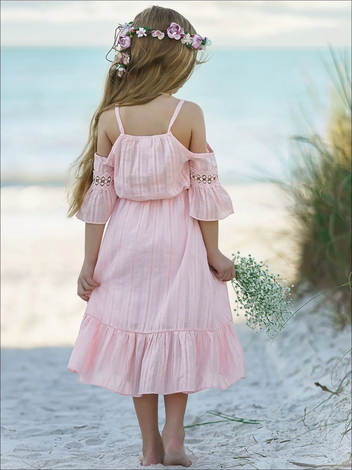 4 To 14 Years Kids & Teenager Girls Summer Off-shoulder White Pink Ruffle Beach Dress Children Princess Sleeveless Dresses