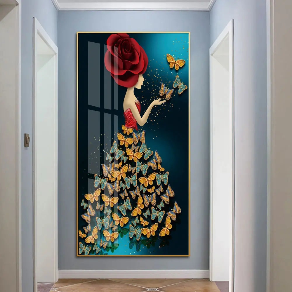 Modern 3D wall art print crystal porcelain glass painting with gold aluminum frame wall decoration wall art