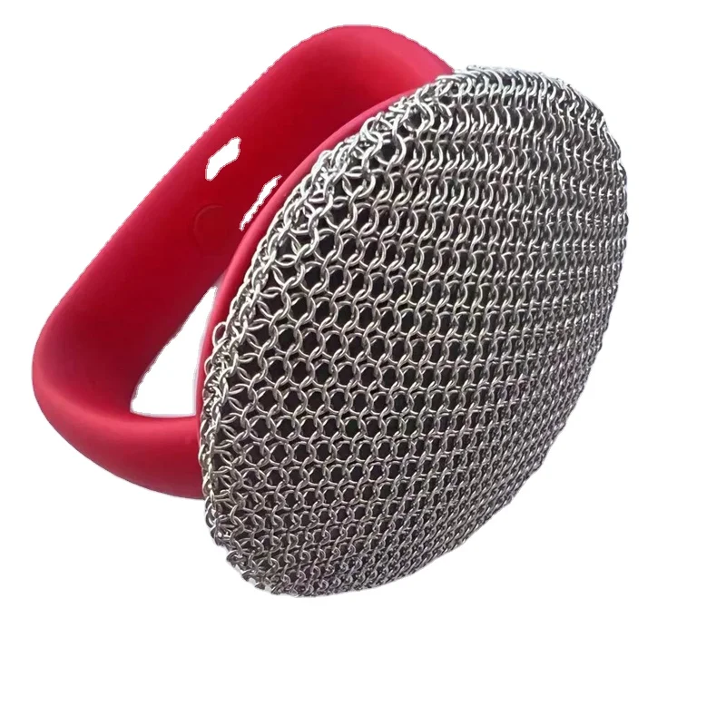 Stainless Steel Scrubber Kitchen Cookware BBQ Tools Cast Iron Skillet Brush Pot Cleaning Chainmail With Handle