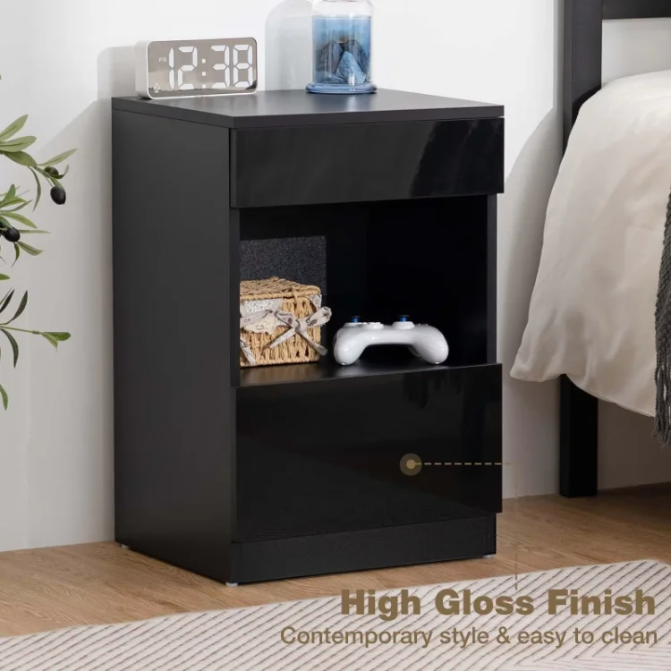 Wholesale Furniture Supplier Cheap Bedside Table 2 Drawers Tables Wooden Black Modern End Side Fluted Nightstand
