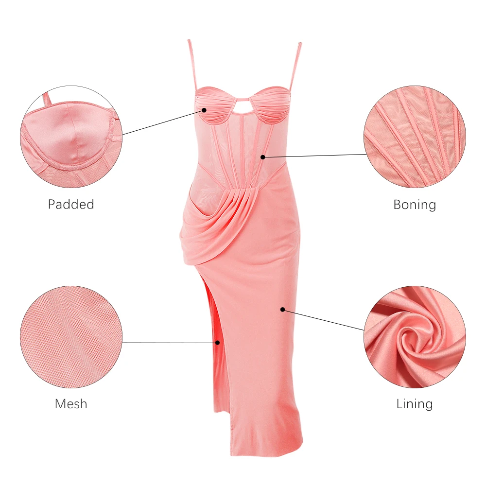 Summer Mesh Spaghetti Strap Draped Party Dresses Side Slit Padded Hidden Zippers Corset Midi Club Dresses Evening Dresses