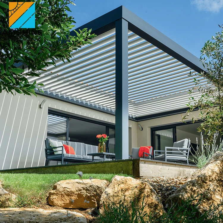 Easy assemble outdoor motorized rotating louvered aluminum retractable pergola roof awning