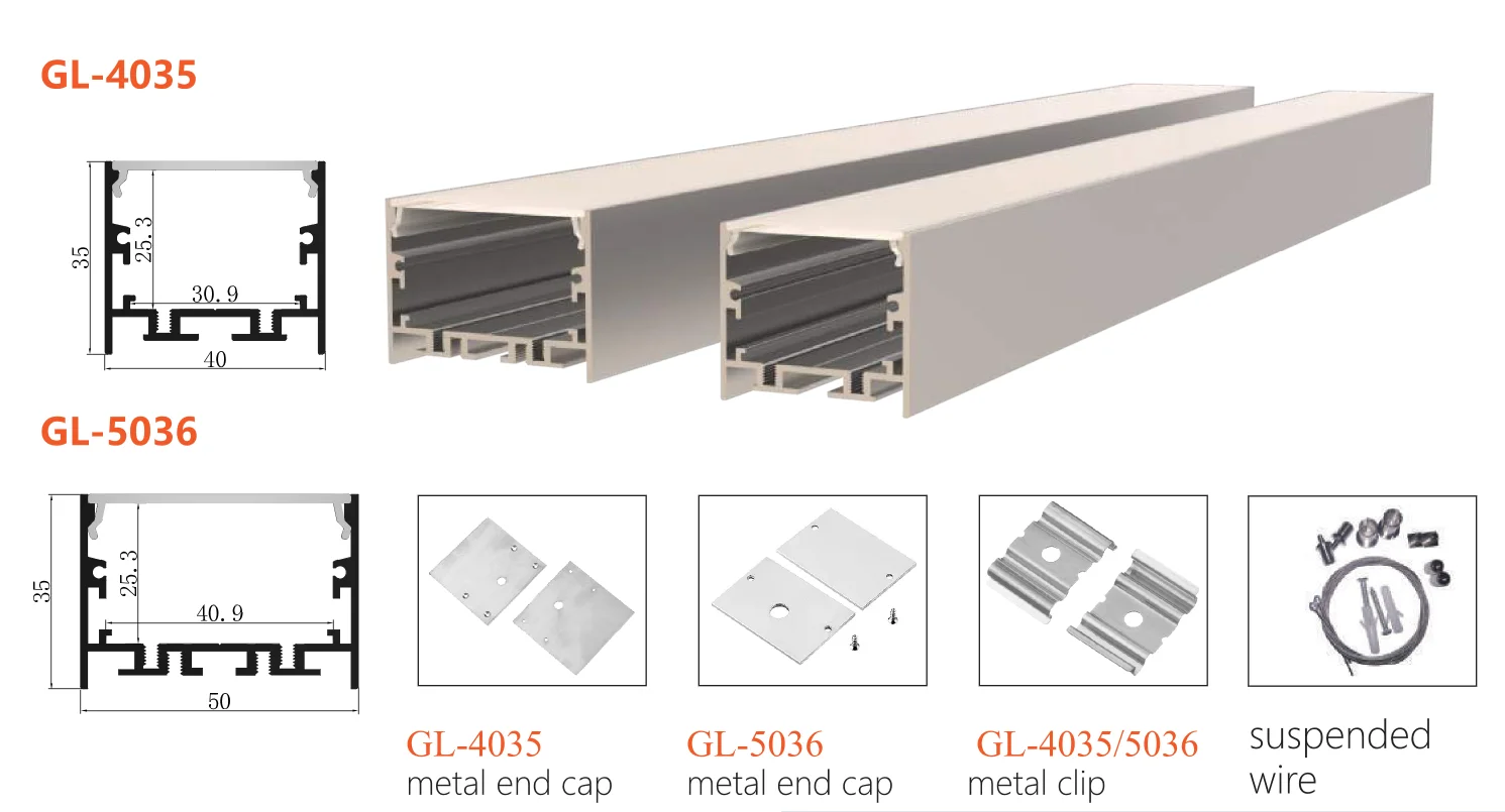 Glite 40*35 мм 50*35 алюминиевый профиль GL-4035/GL-5036 приостановить установленный на заказ длины наличные с опалом высшего Крышка для светодиодного освещения