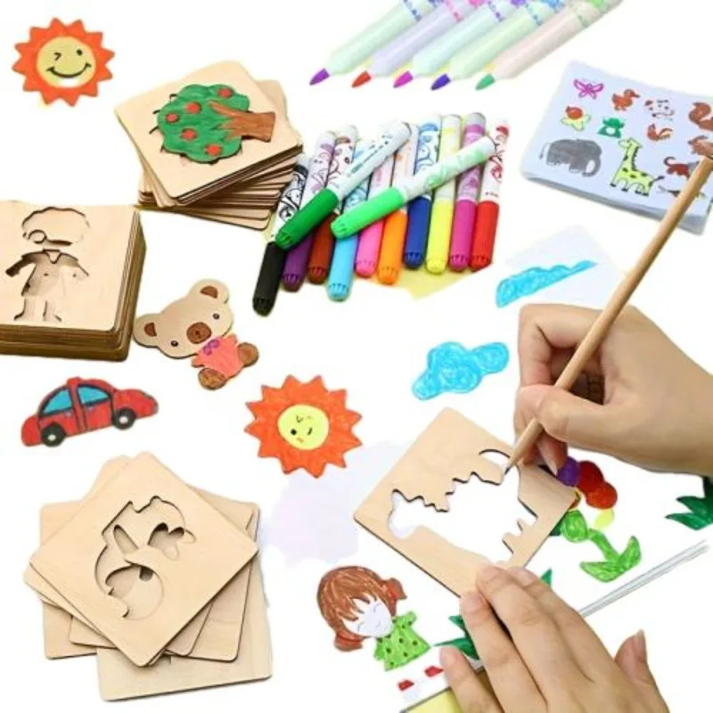 Wholesale Wooden Drawing Stencils Kit Board  Coloring Puzzle Arts Crafts  Educational brain Game Toys