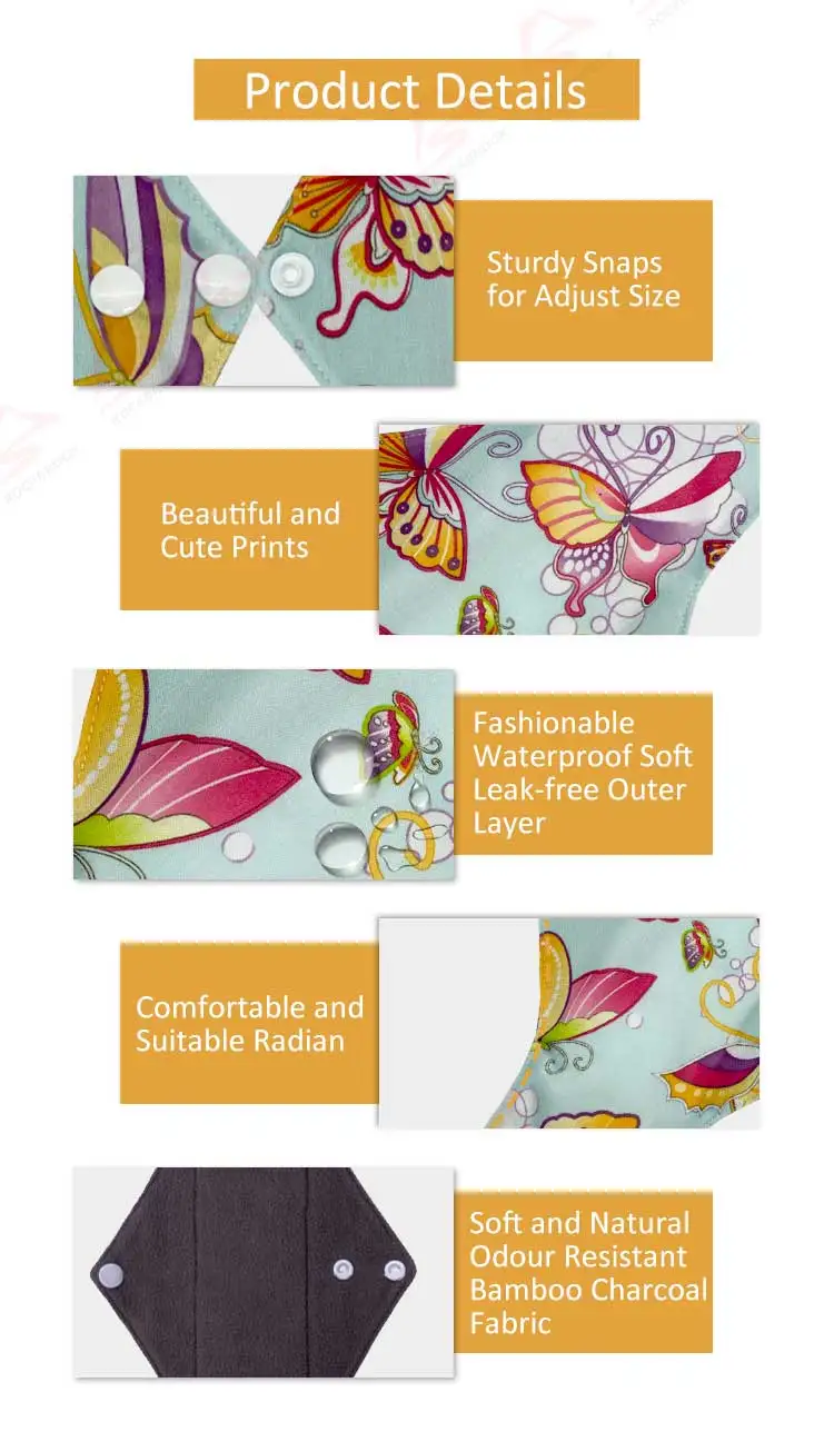 RTS Eco-Friendly Free Sample Feminine Waterproof Washable Bamboo Charcoal Organic Cotton Reusable Hemp Cloth Sanitary Pad