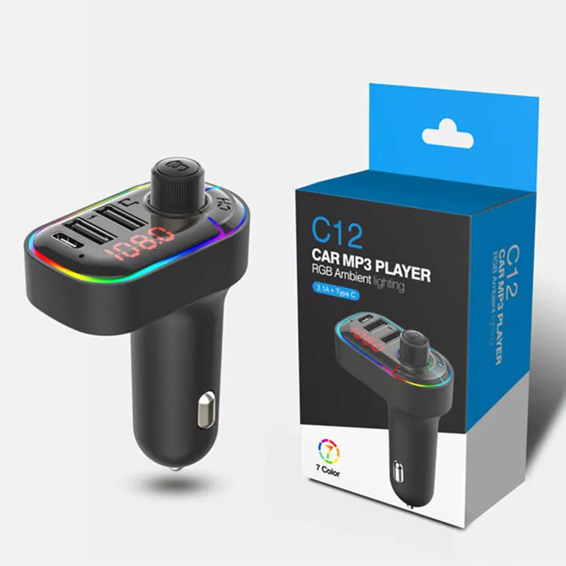C12 Car Charger Bluetooth FM Transmitter Dual USB Charging 5V3.1A/1A With Type C 5V3.1A Hands-Free Calling