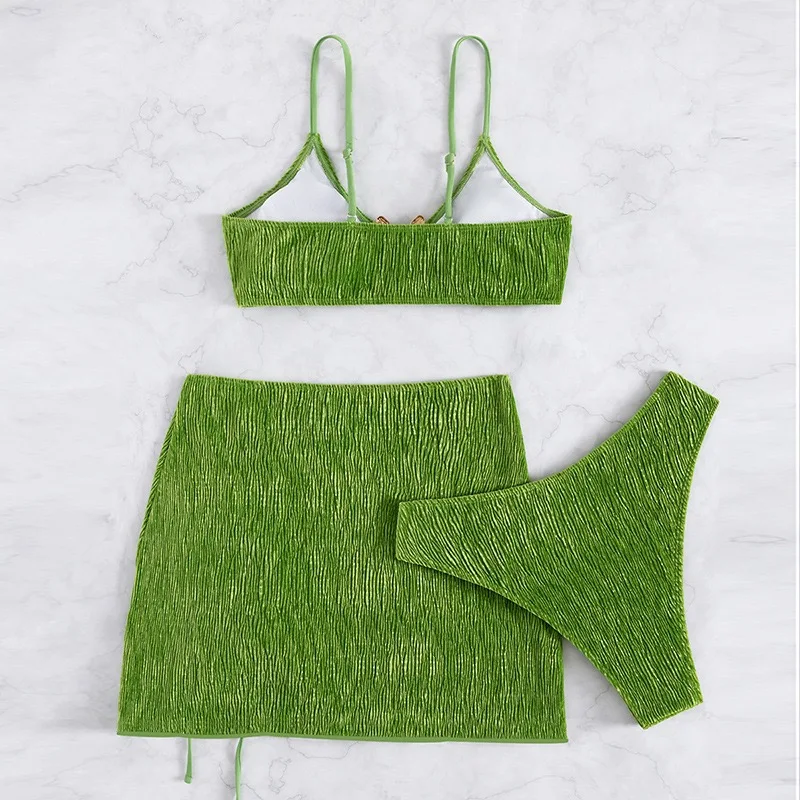 2023 Bikini New Fashion Sexy Pleated Material Green Micro Bikini with Mini Skirts 3-Piece Swimsuit Drawstring Beach Wear