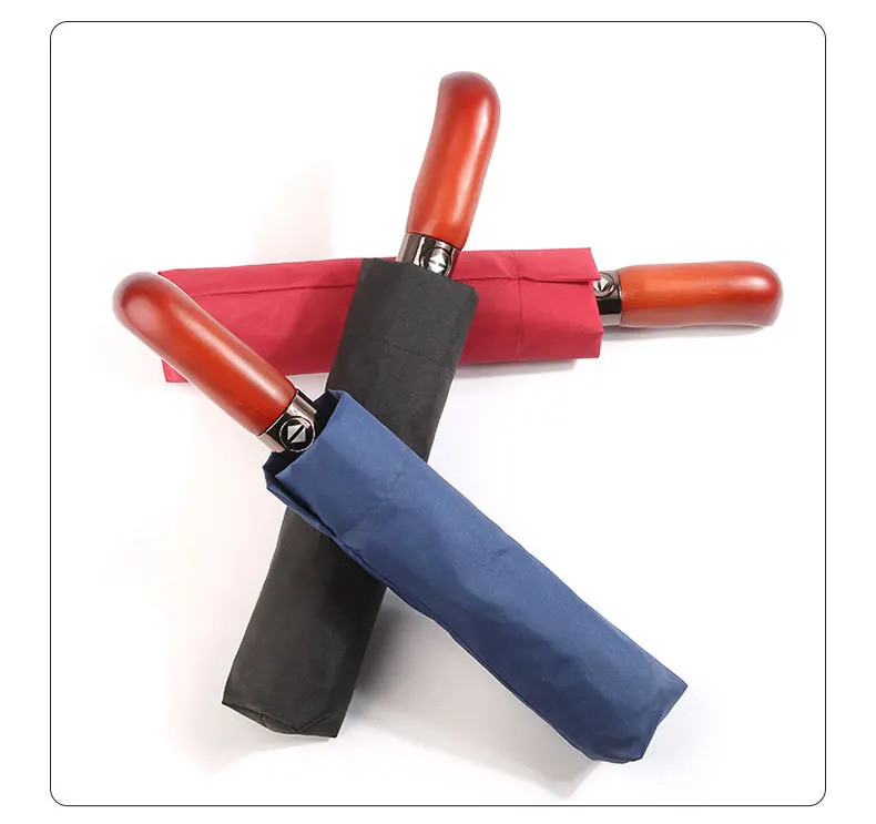 Customized Color Logo Easy To Carry 3 Folding Umbrella Personal Umbrella with Wooden Handle