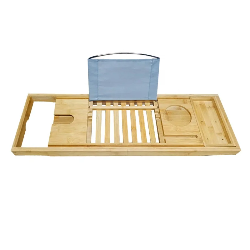 
Eco-friendly adjustable Bamboo Bathtub Rack Bath Tray with Wine Glass Holder Extendable bamboo shower caddy tray 
