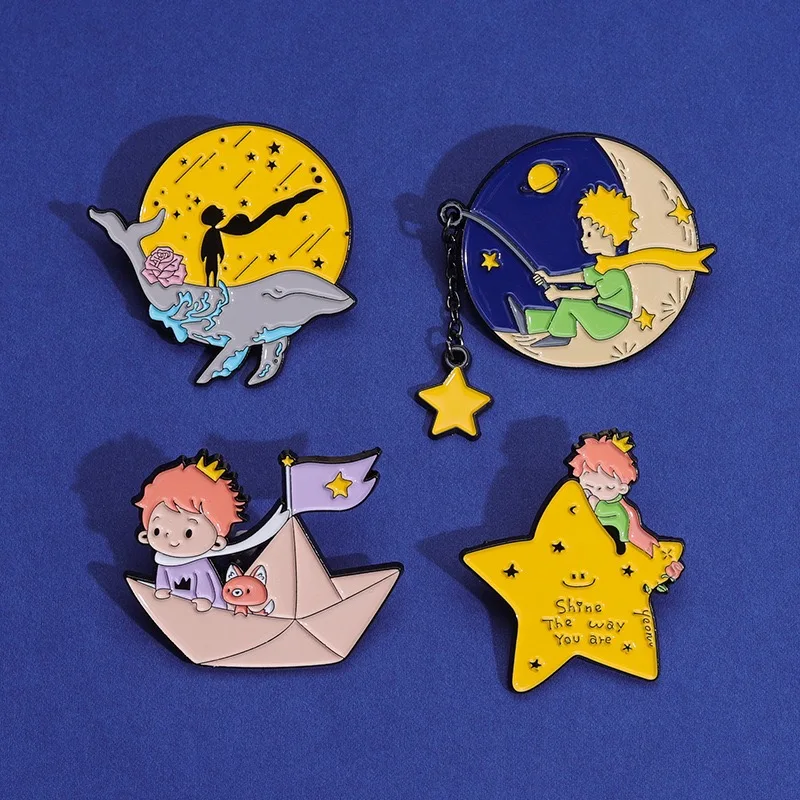 Cute Cartoon Little Prince Fairy Tale Enamel Pin Kawaii Moon Star Metal Badge Brooch Student School Bag Pin Fashion Accessories