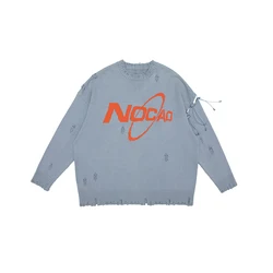 Cool Crewneck Couple Clothing Dress Fashion Heavy Cotton Letter Print Knit Distressed Sweater For Women Men