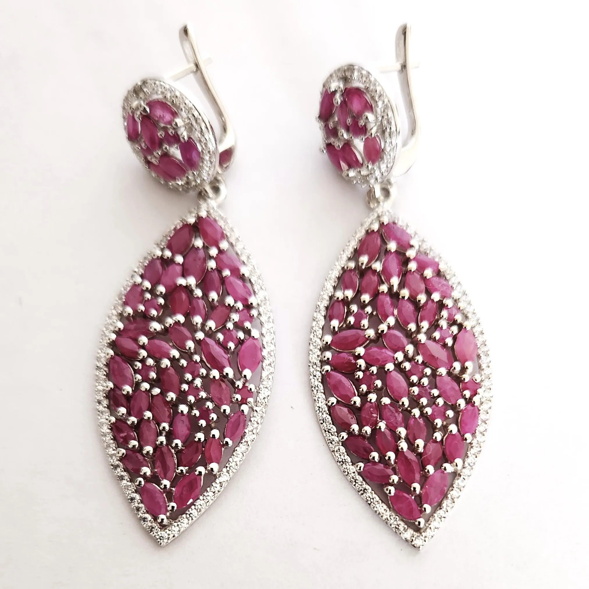 Women Romantic Fashion Earrings Natural Genuine Rubies Gemstone 925 Sterling Silver Long Dangle Earrings Design